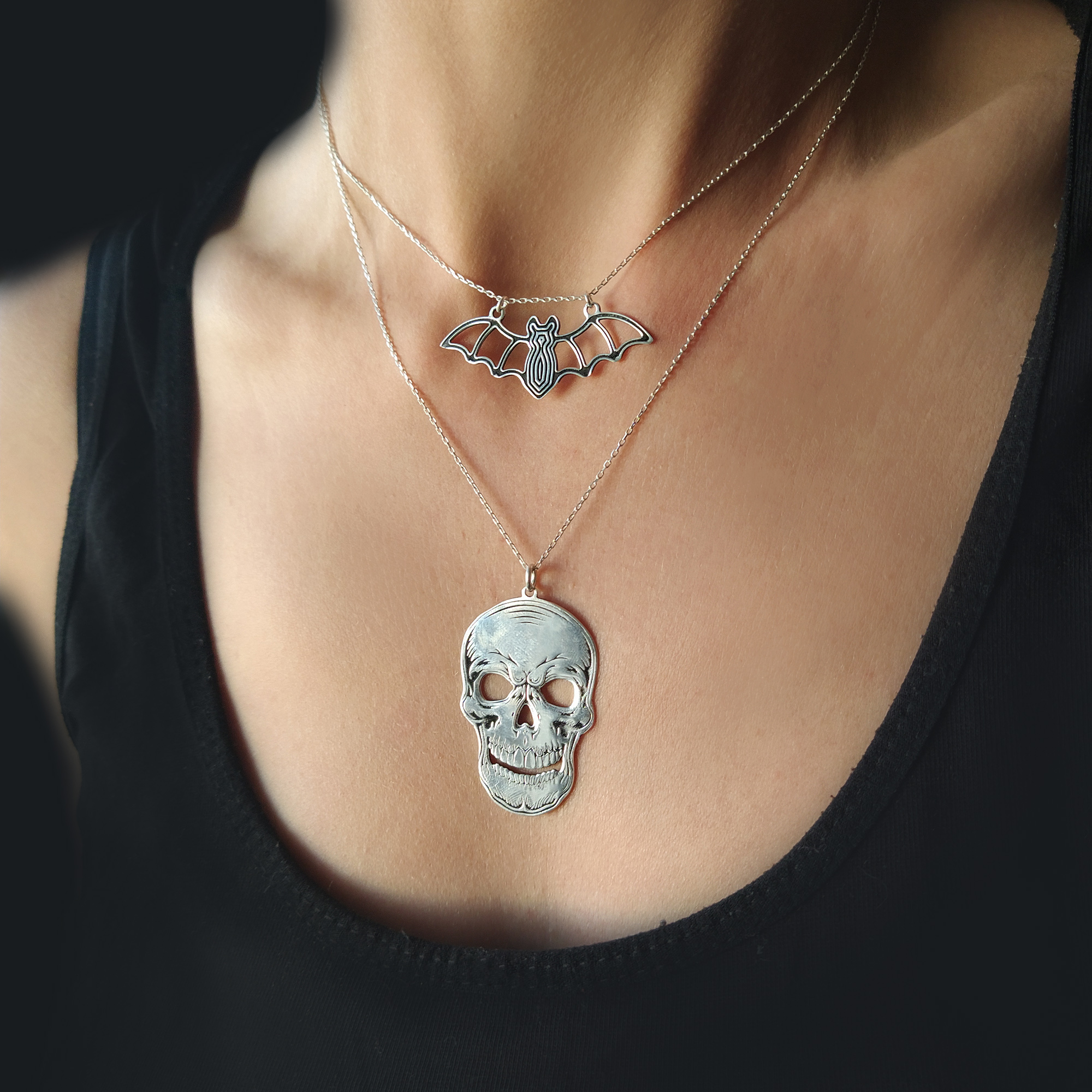 Skin and Bone | Sterling silver Mini skull pendant necklace